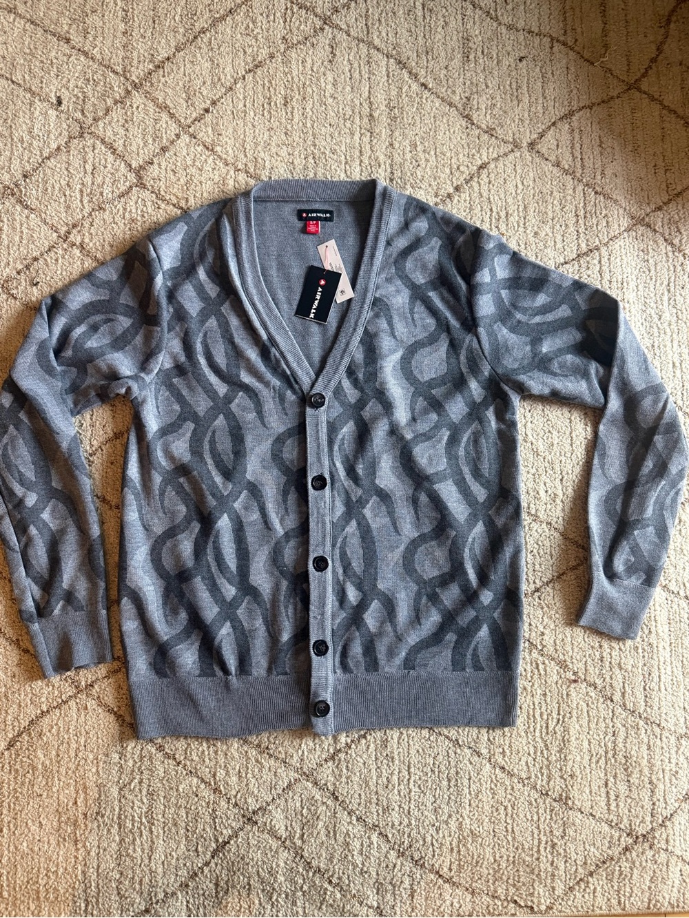 Airwalk Men’s Abstract Logo Grandpa Cardigan Gray Black Small NWT Y2K